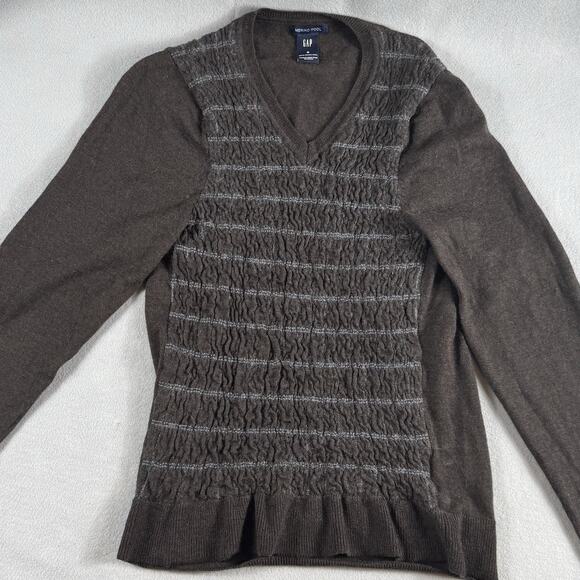 Merino Wool Sweater Women Med Brown Textured V-Neck Knit Top Y2K 90s Era Classic - Picture 3 of 15